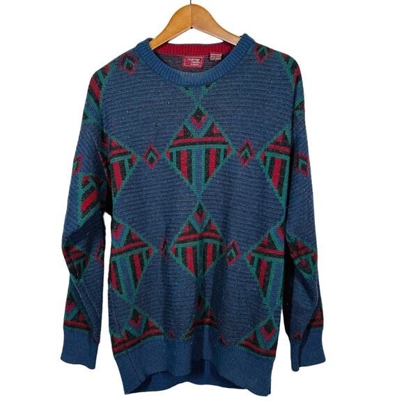 Vintage 90s Cambridge Classics Crewneck Sweater Blue Red Green - L - Picture 1 of 6